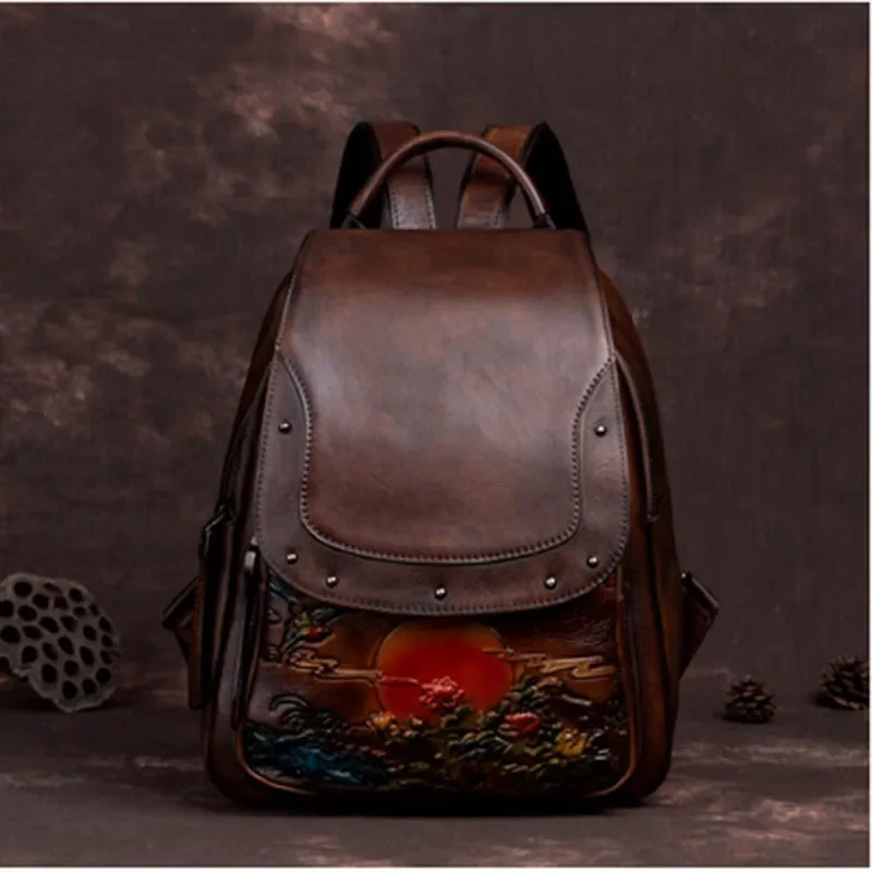 Retro Luxury Women's Backpack Trend 2021 Fashion Large Capacity Manual Black Genuine Leather Bags 100% Teenagers Anti-theft Pack