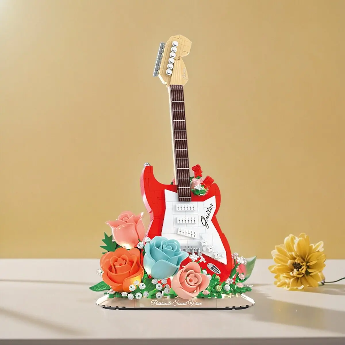 Red Guitar Building Blocks Girl Series Small Particle Musical Instrument Assembly Ornament Valentine's Birthday Gift