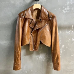 2024 Fall Winter New Motor&Biker Jacket Women Genuine Leather Short Coats Fashion Irregular Full Sleeve Female Cool Jackets