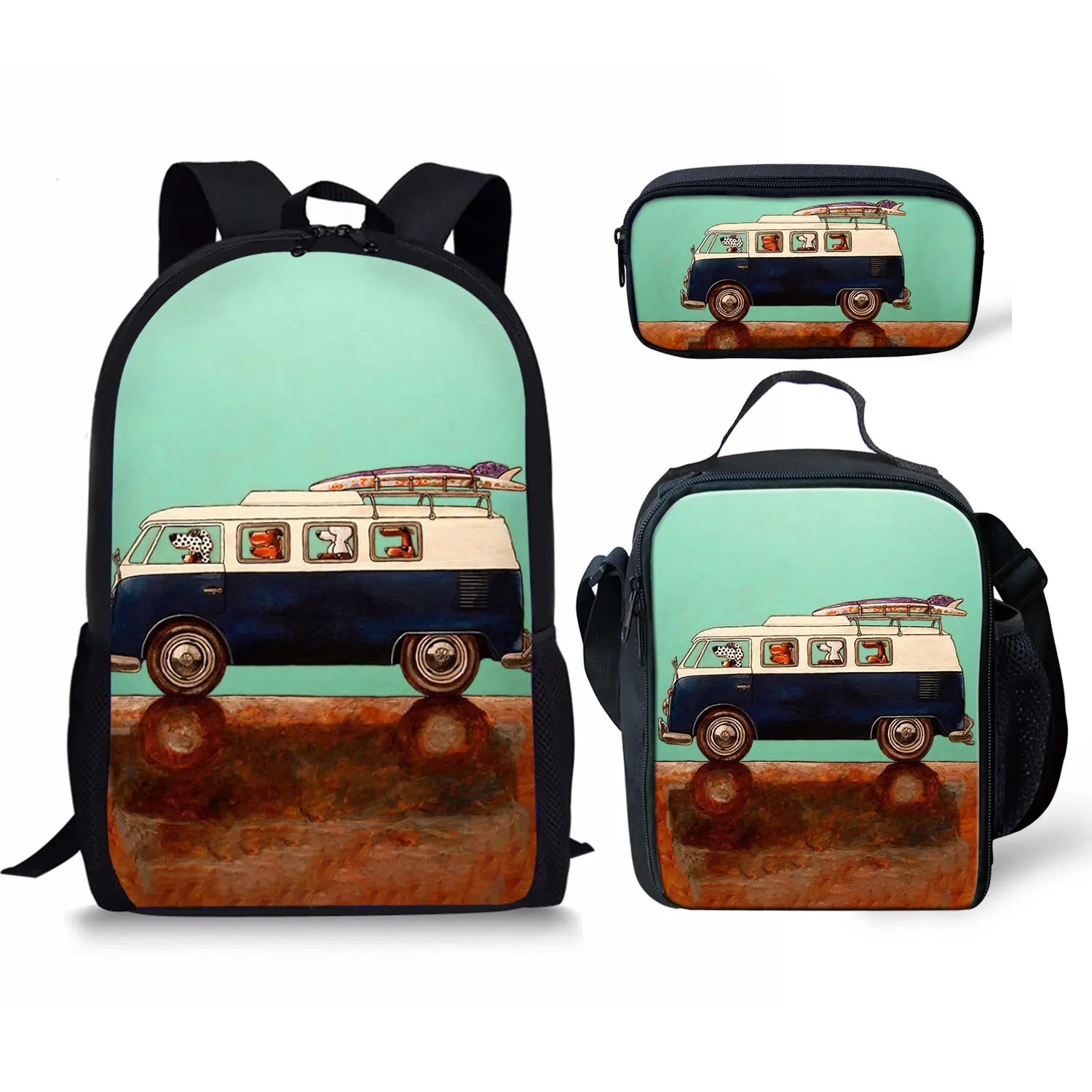Creative Cartoon Trendy Car 3Pcs/Set School Bag 3D Print Student Campus Daily Book Bag Laptop Daypack Lunch Bag Pencil Bag