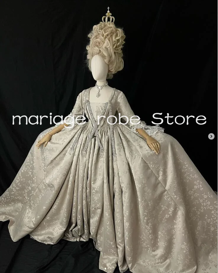 Silver Grey History Victorian Prom Dresses Long Sleeve Marie Antoinette Lace-up Corset Rococo Queen Charlotte Evening Gown