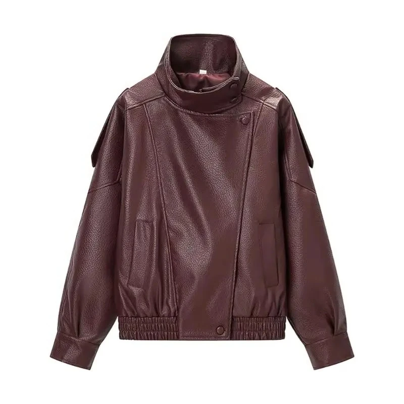 Women' Loose Short Retro PU Leather Jacket Cross-border Temperament Commuting New Locomotive Wind Stand-up Collar Leather Jacket