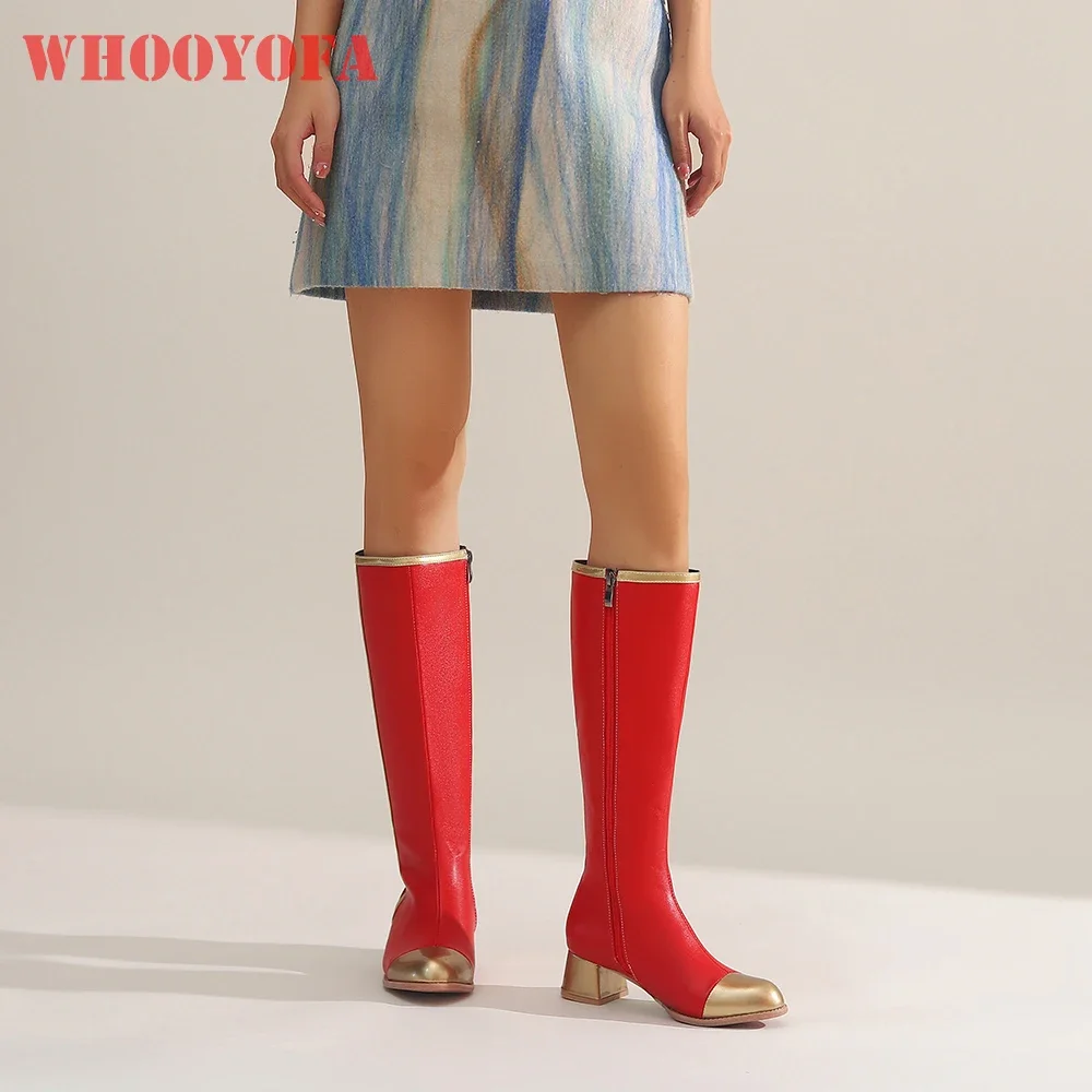 

Winter Elegant Red Black Women Knee High Riding Boots Fashion Med Chunky Heel Lady Dress Shoes Plus Big Size 13 43 46 49 52