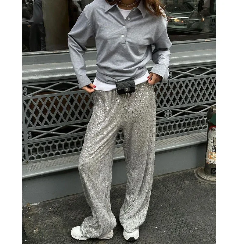 

Sequined trousers 2023 autumn and winter new style insY2K pearlescent sequined straight floor mopping pants Vestidos