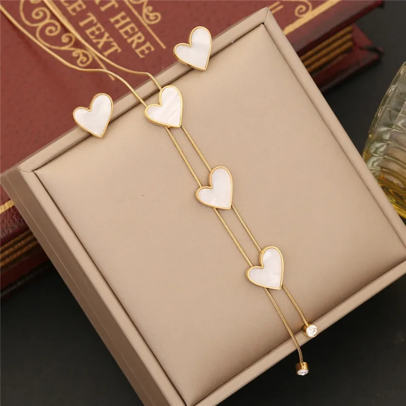 316L Stainless Steel Fashionable White Shell Butterfly Tassel Zircon Heart Earring Necklace Set Femme Roupas Femininas Conjuntos