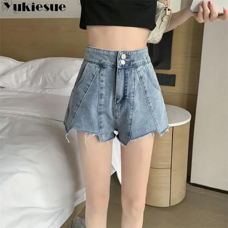 

Women Irregular Hem High Waist Short Jeans Woman Streetwear Wide-Legged Short Pant Female Korean Fashion Summer Shorts Versatile