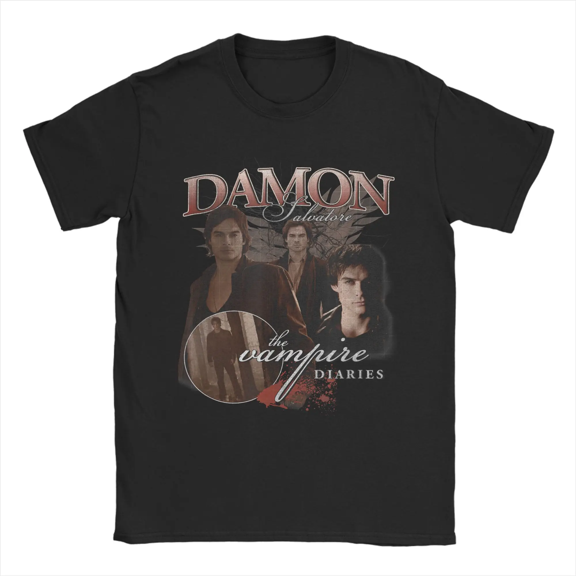 

Men's T-Shirts The Vampire Diaries Damon Hipster 100% Cotton Tee Shirt Short Sleeve TV Series T Shirts Crewneck Tops Gift Idea