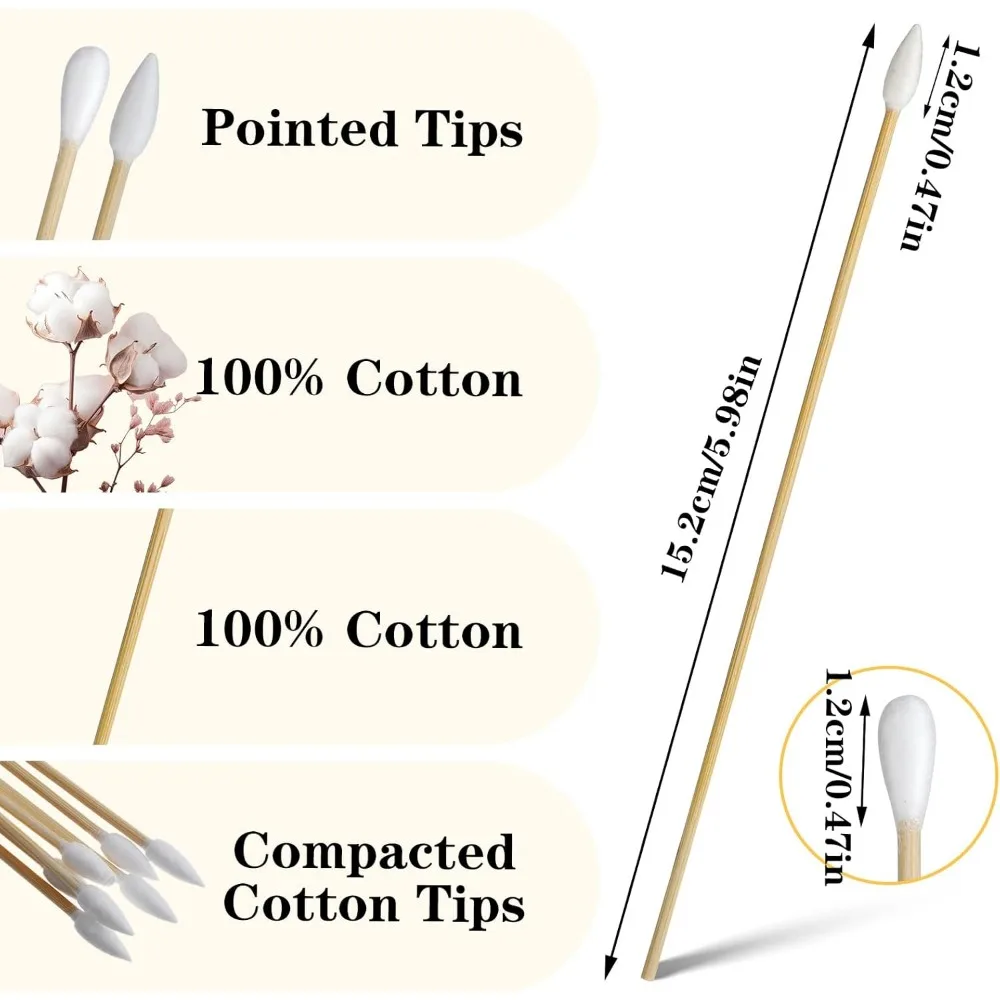 6 Inch Long Biodegradable Cotton Swabs with Wooden Sticks - Soft Tipped Cleaning Sticks for Makeup Pet Care Tattoo Cleaning