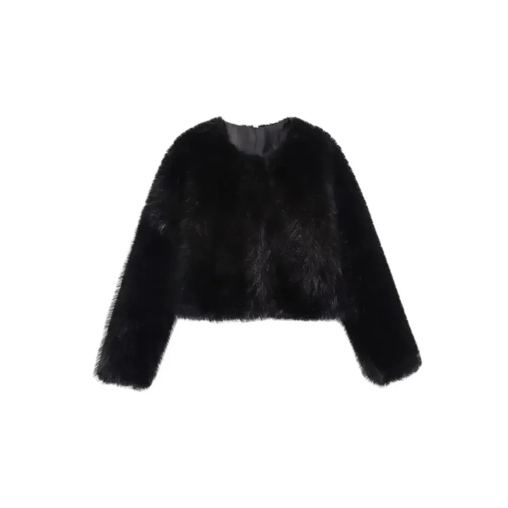 Feminino novo o pescoço manga longa outerwear chique topos outono inverno solto casual moda grosso quente pele do falso jaqueta cortada