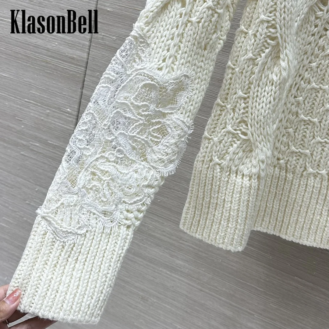 9.25 KlasonBell Women Classic Twist Lace Spliced Raglan Long Sleeve Knitwear Elegant Loose Soft Comfortable Wool Sweater