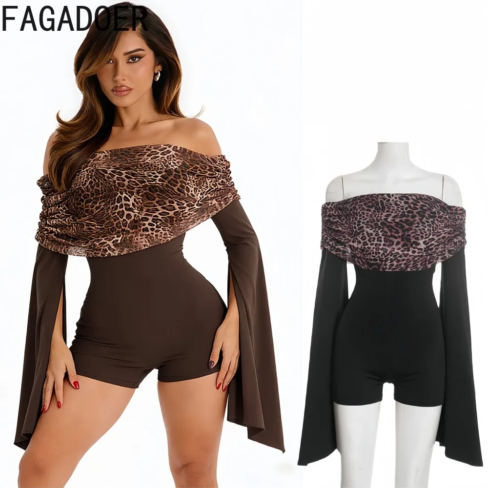 Fagadoer sexy leopardo impressão retalhos macacão para mulher fora showlder sem costas bodycon macacões feminino streetwear novo