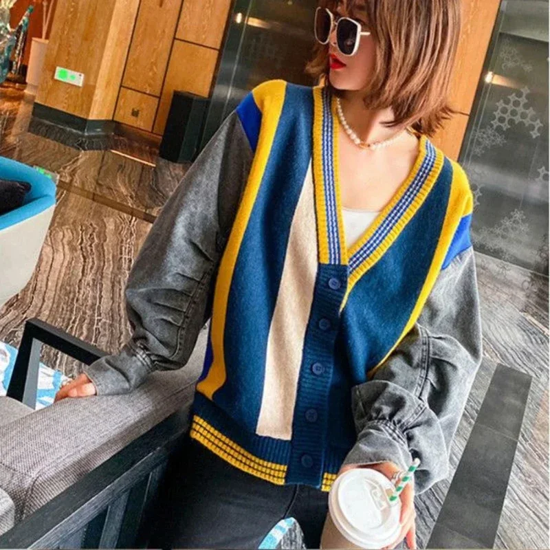 Patchwork 2025 Fashion Knitted Denim Jacket for Women Korean Outer Original Harajuku Streetwear Models Cheap Cowboy Coat Woman