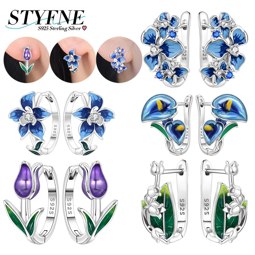 Exquisite Earrings 925 Silver Plant Series Lily of The Valley Purple Tulip Blue Flower Hoop Earrings for Women Fine Jewelry Gift