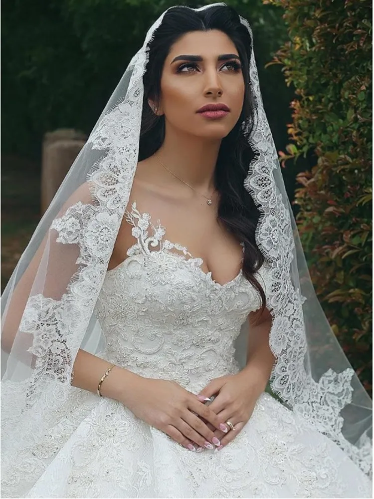 White/Ivory 1 Tier Wedding Veil 3M Long Full Lace Edge Mantilla Cathedral Bridal Veils Wedding Accessories Doda Velo De Novias