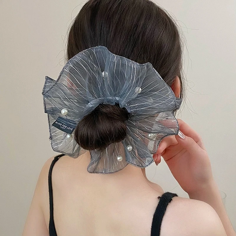

Elegant Mesh Pearl Hair Tie Elastic Headband Simple Beading Large Hair Band Striped Design Scrunchies Chic Hair Accessories