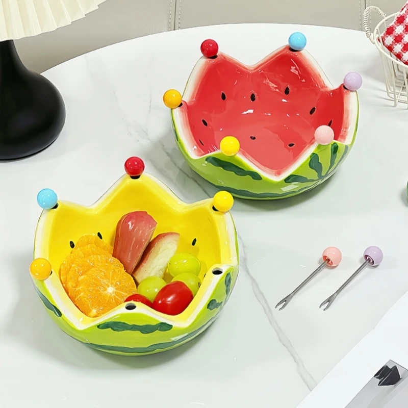 Creative Watermelon Fruit Bowl Ceramic Fruit Fork Set Large Capacity LFruit Dish Plate Cute Home Table Decors