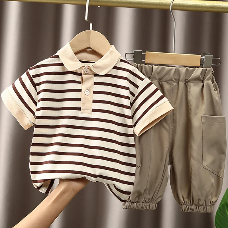 2PCS Summer Outfit Kids Boys Clothes Korean Fashion Stripe Short Sleeve Tops+Pants Children\'s Sets Baby Boutique Clothing BC1686