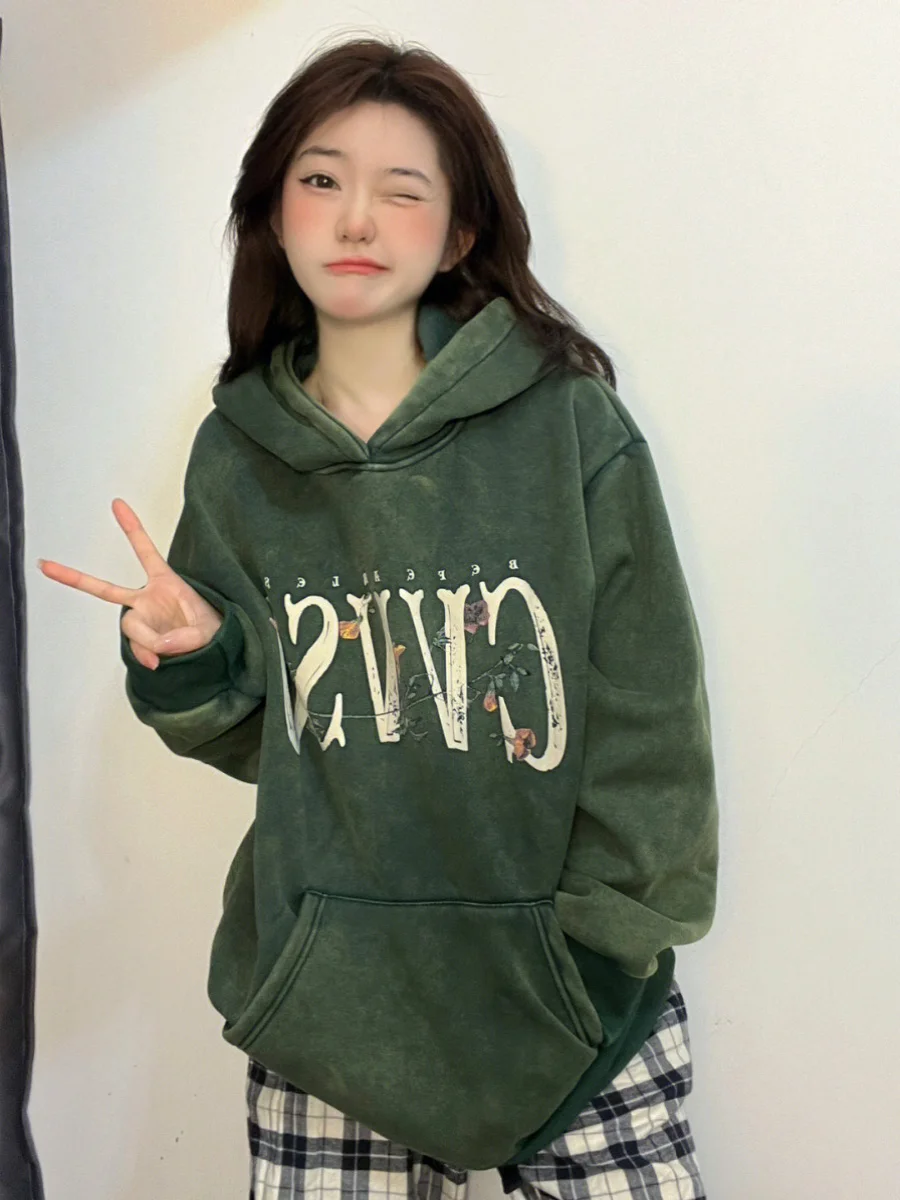 2025 Autumn New American High Street Retro Style Floral Print Loose Soft Oversize Suede Green Hoodie Cotton Black Sweatshirt