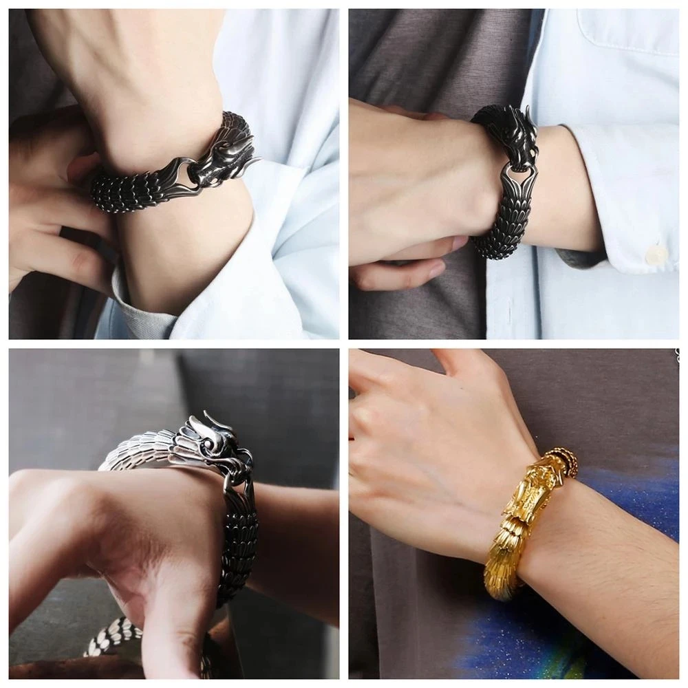 15mm Punk Gold Color Dragon Chain Bracelet Men Women Retro Black Stainless Steel Charm Bike China Dragon Blessing Bangle Jewelry