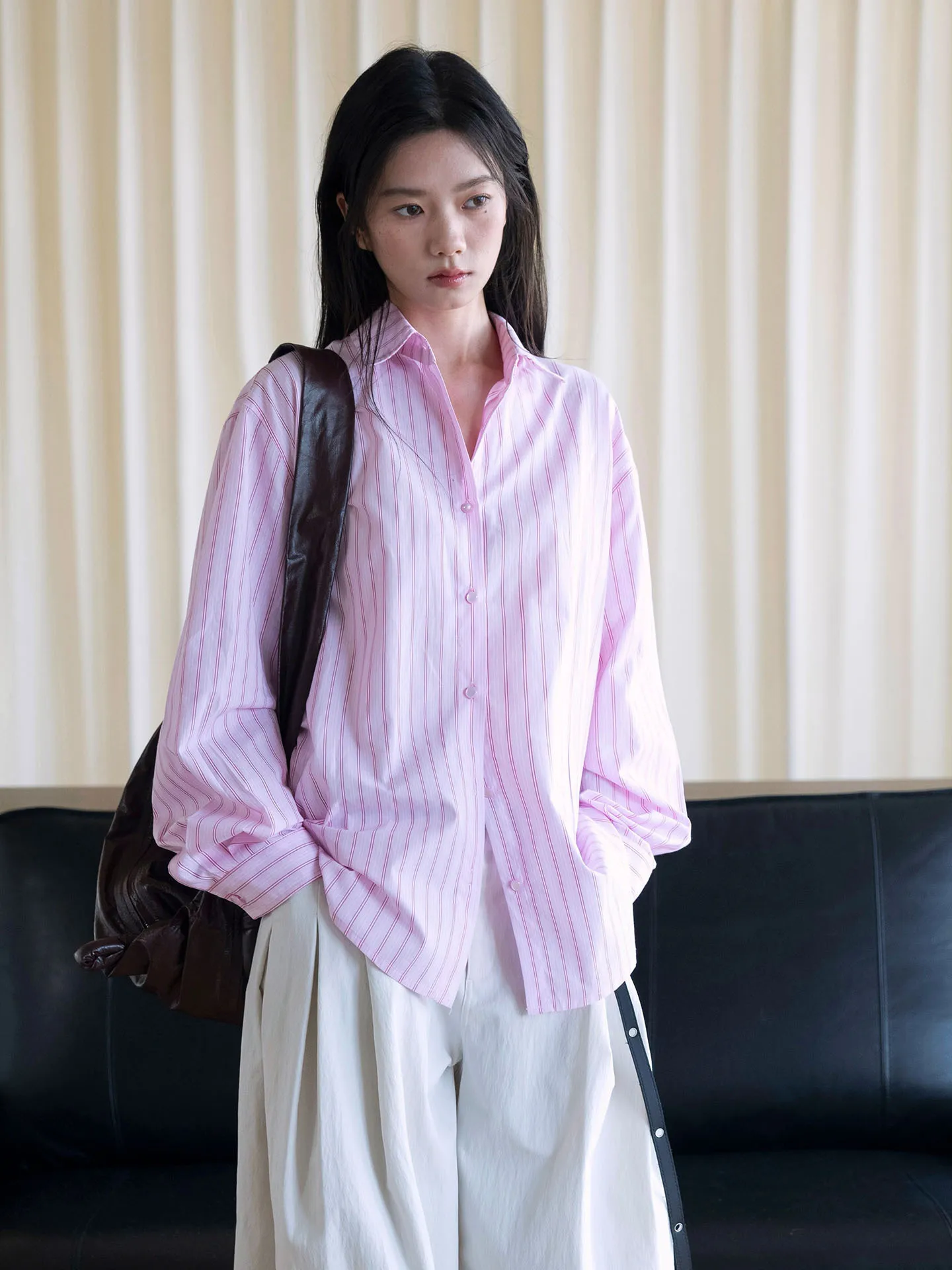 Autumn new fashionable niche design simple ribbon striped long sleeved shirt commuting loose top for women