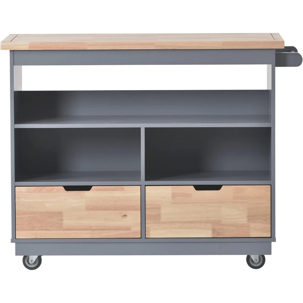 عربة جزيرة المطبخ المتدحرجة مع خزانة ودرجين وبار المناشف ورفوف مفتوحة