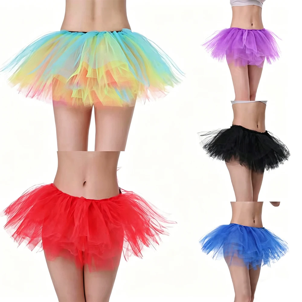 Adult Women Puffy Tulle Tutu Skirt Mini Ball Gown Short Dance Party Nightclub Performance Costume 5 Layers Princess Petticoat