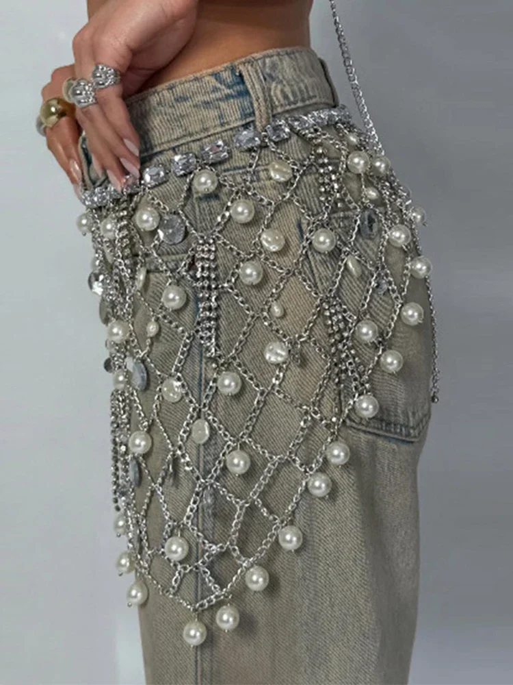 Chic Women Rhinestone Pearl Chain Skirt Diamond Mesh Waist Layer Irregular Asymmetrical Hem Tassel Fringe Hollow Overlay Daily C