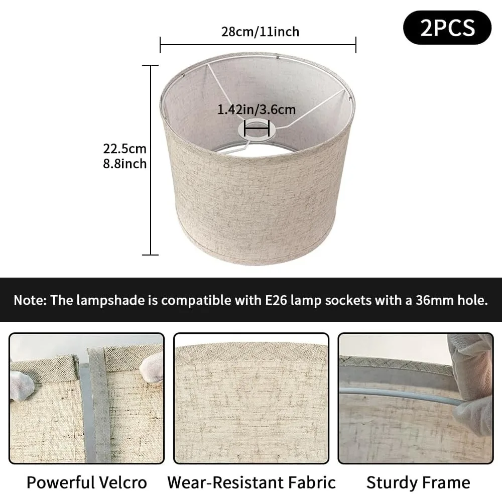 drum lamp shades set of 2, beige linen lamp shades for table lamps, 11‘’ diameter x 8.85‘’ height, replacement lampshades for e2