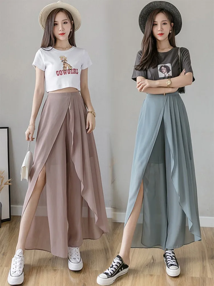 Summer Thin Women Chiffon Skirt Pants Wide Legs Irregular Wild Korean Fashion Pantalones Mujer High Waist Casual Loose Trousers