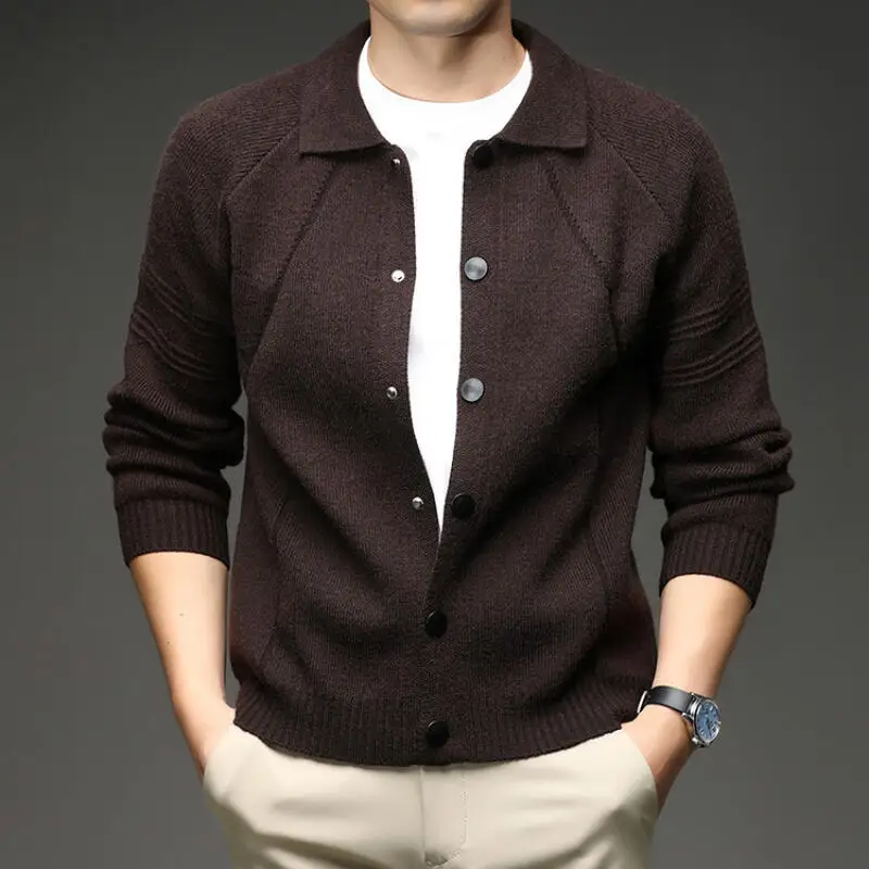 2026 Autumn Winter Mens Long Sleeve Knit Cardigans Fashion Turn Down Collar Smart Casual Knitted Sweatercoat Men Daily Cardigan