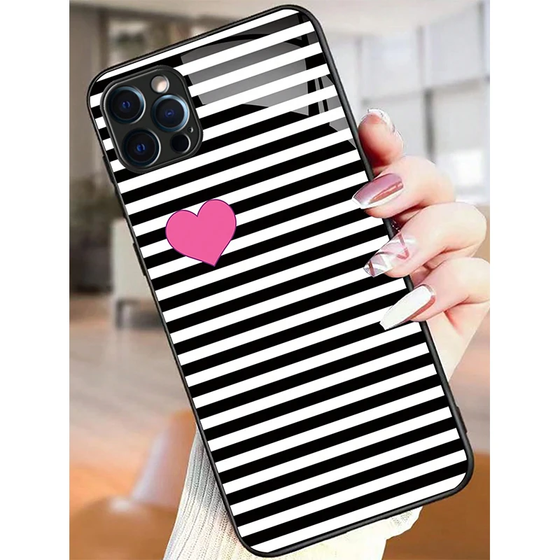 

Black White Minimalist Print Glass Phone Case For iPhone 17 16 15 14 Pro Max 13 12 11 16E 17Air 7 Plus XR XS X Shockproof Cover