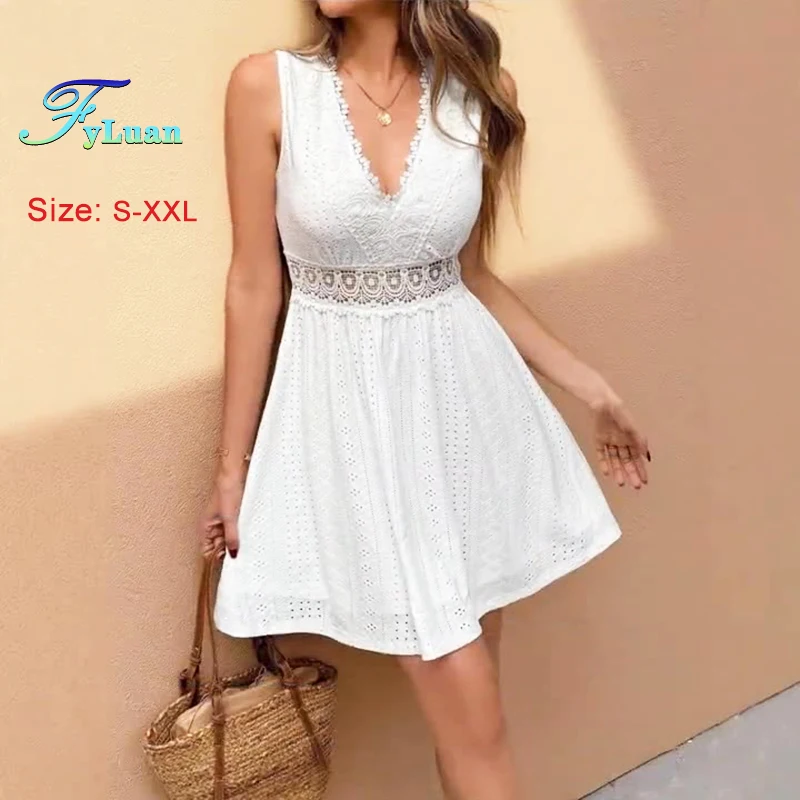 Zomer Zoete Damesjurk Witte V-hals Mouwloos Uitgesneden Splitsen Hoge Taille Kanten Jurk Strandvakantie Fee Stijl Jurk