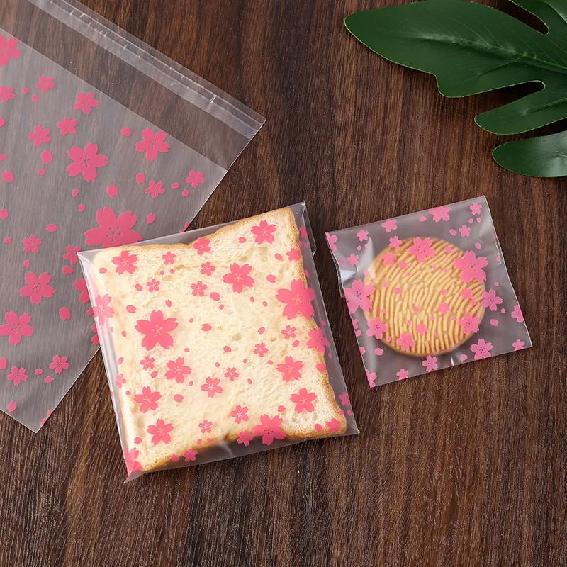 100pcs Cherry blossom Self Adhesive Treat Bag Cellophane Poly Candy Bags for Cookies Wrapper Party Favor Candy Jewelry Packaging