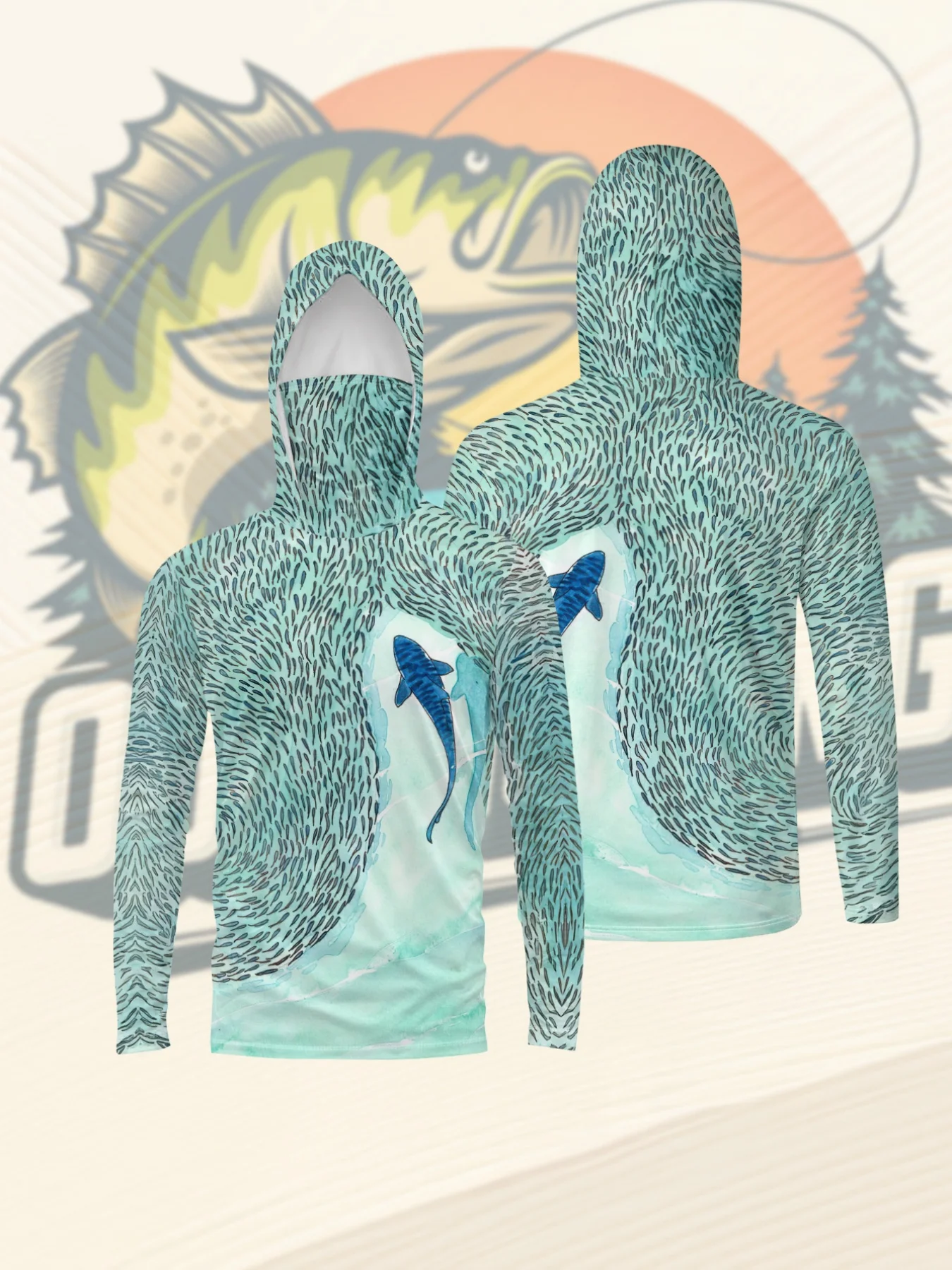 Herren Angelhemd mit Hai-Print, Anti-UV, Kapuze, Gesichtsmaske, UPF50+, schnelltrocknend, atmungsaktiv, langärmelig, Outdoor-Sport-Oberteil – Detail 5
