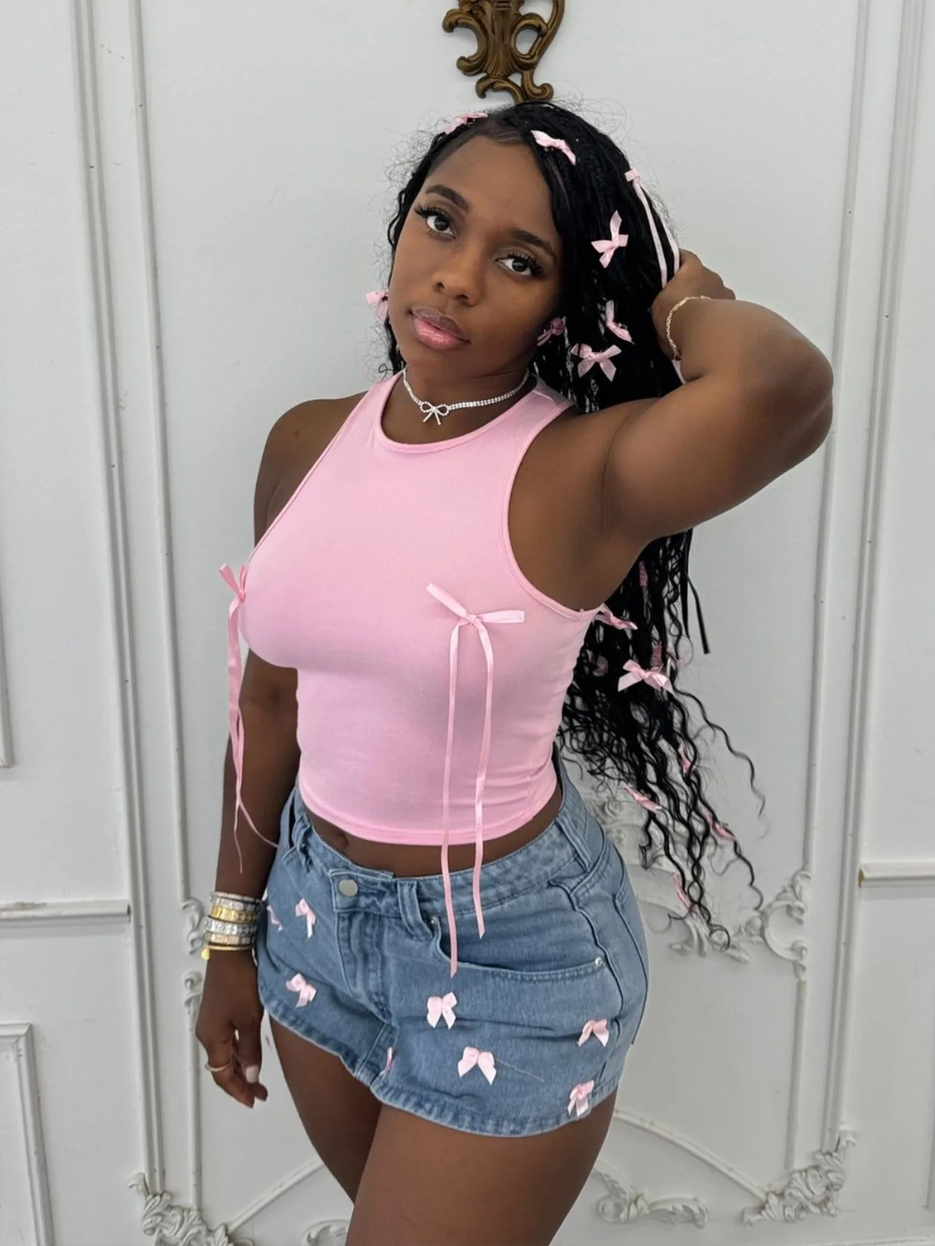 Stylish Lady Pink Bow Tie Tank Tops 2026 Summer Women Sleeveless Racerback Sexy Club Street Party Cropped Cami Tops