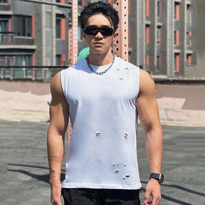 Summer new casual white men's vest with holes fashion top vest cotton wide shoulder round neck sleeveless vest sports men's wear