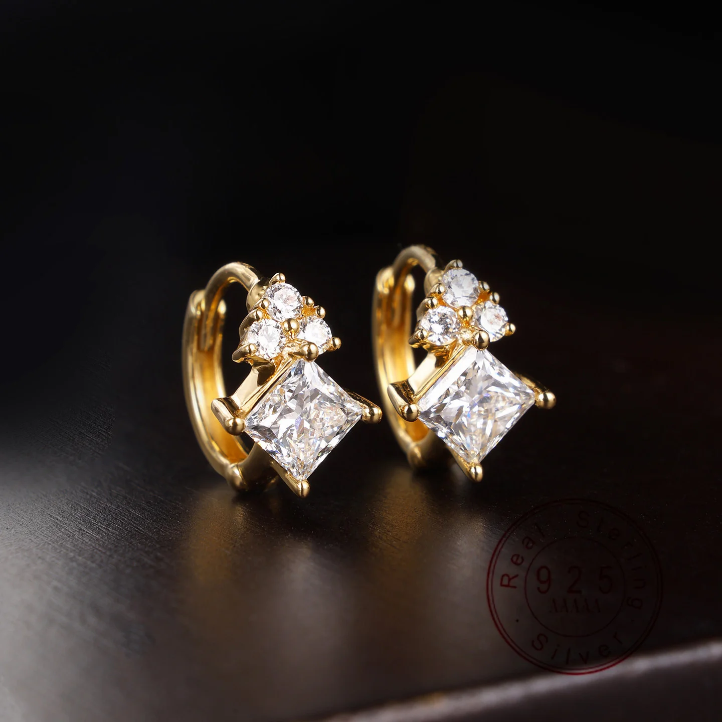S925 Sterling Silver 18K Gold Plated Princess Cut CZ Huggie Hoop Earrings, Women's Sparkling Cluster Jewelry Gift
