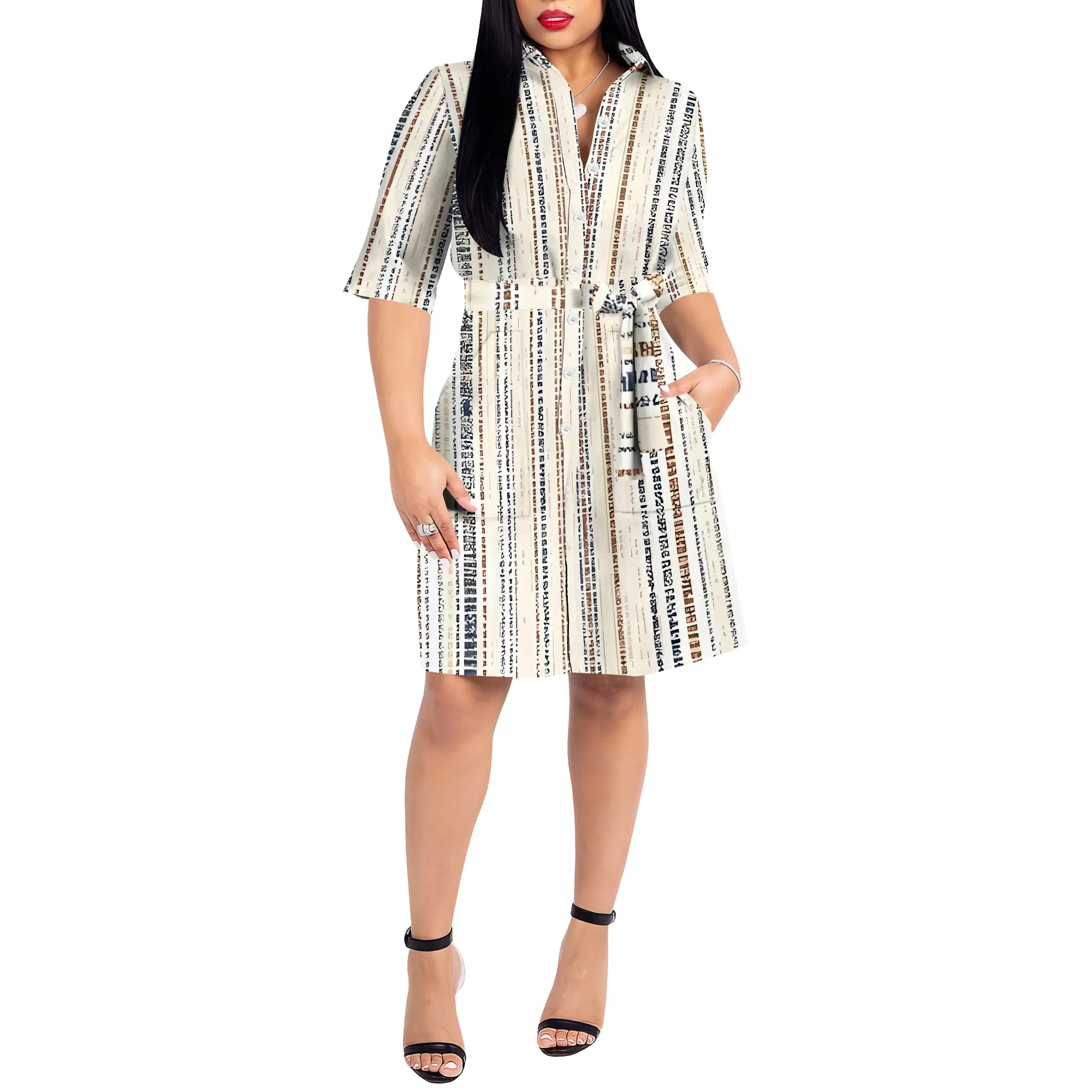 Nupusa Robe imprimée rayée pour femme Taille standard Robe d'été décontractée à col chemise et demi-manches