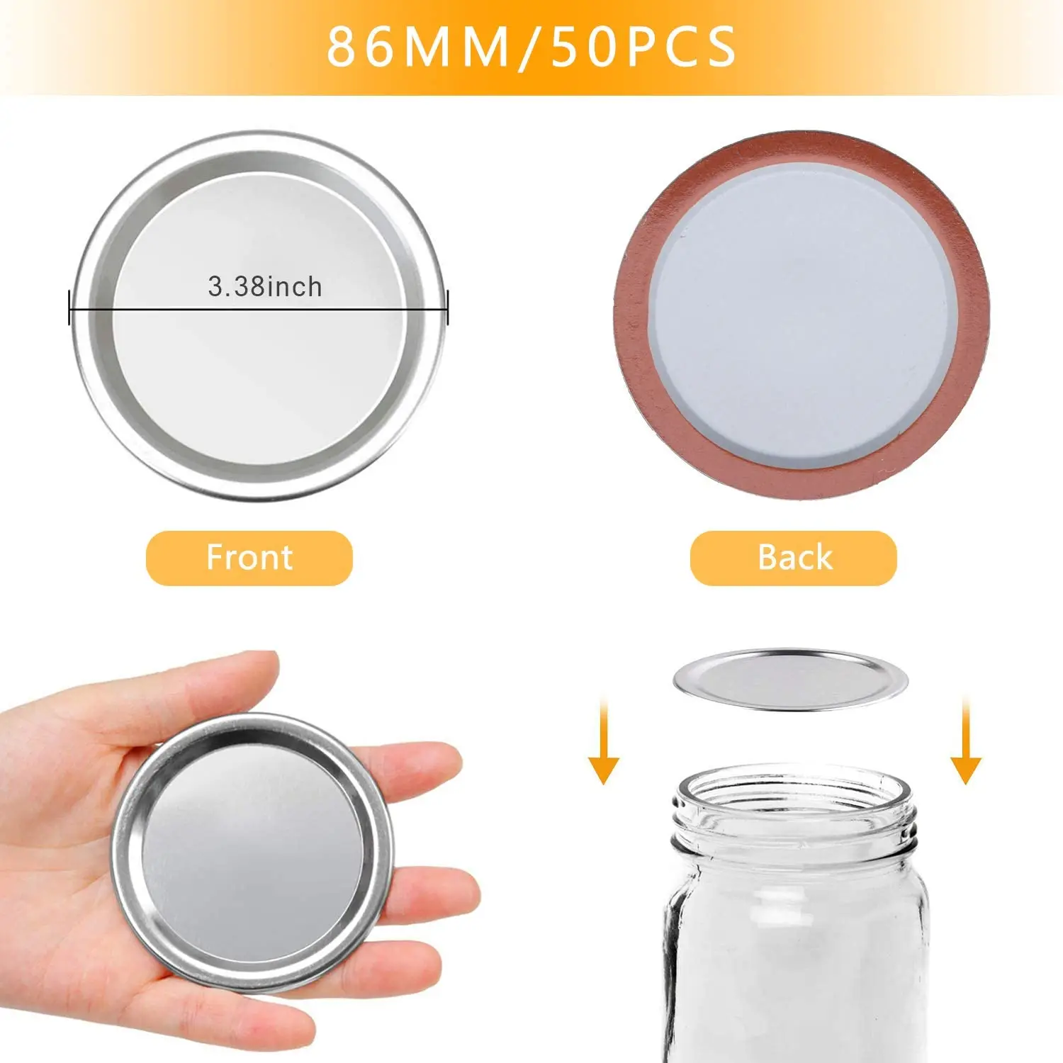 50 Pcs Wide Mouth 86 MM Jar Canning Lids, Reusable Leak Proof Split-Type Silver Lids with Silicone Seals Rings