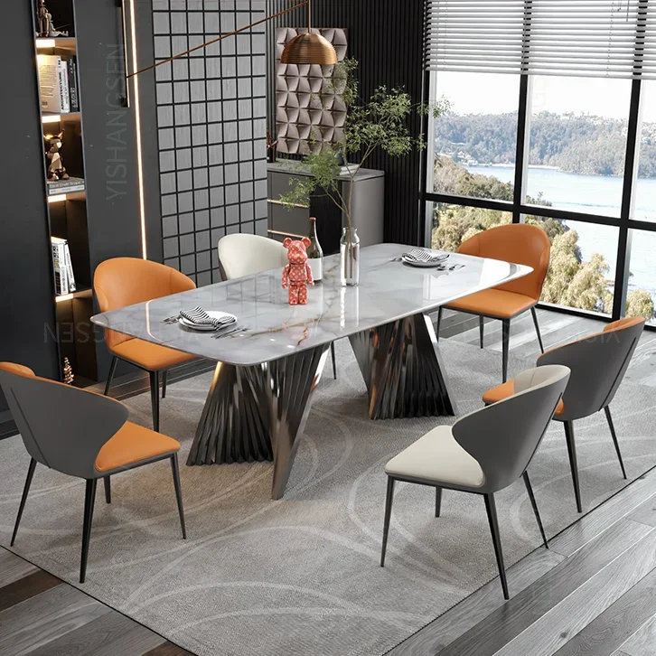 

-Light Luxury Modern Dining Table and Chair Simple Rectangular Marble Surface Luxury Stone Plate Dining Table