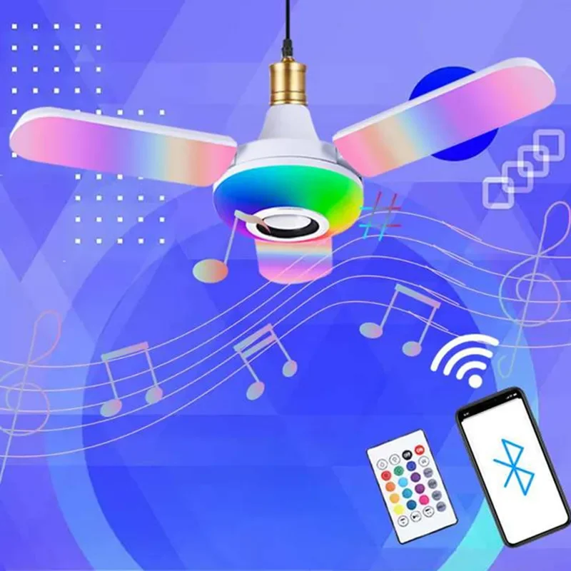 بلوتوث موسيقى خفيفة E27 واجهة الهاتف المحمول مشغل الصوت اللاسلكي إضاءة المنزل مروحة قابلة للطي نوع المرحلة أضواء Led ملونة