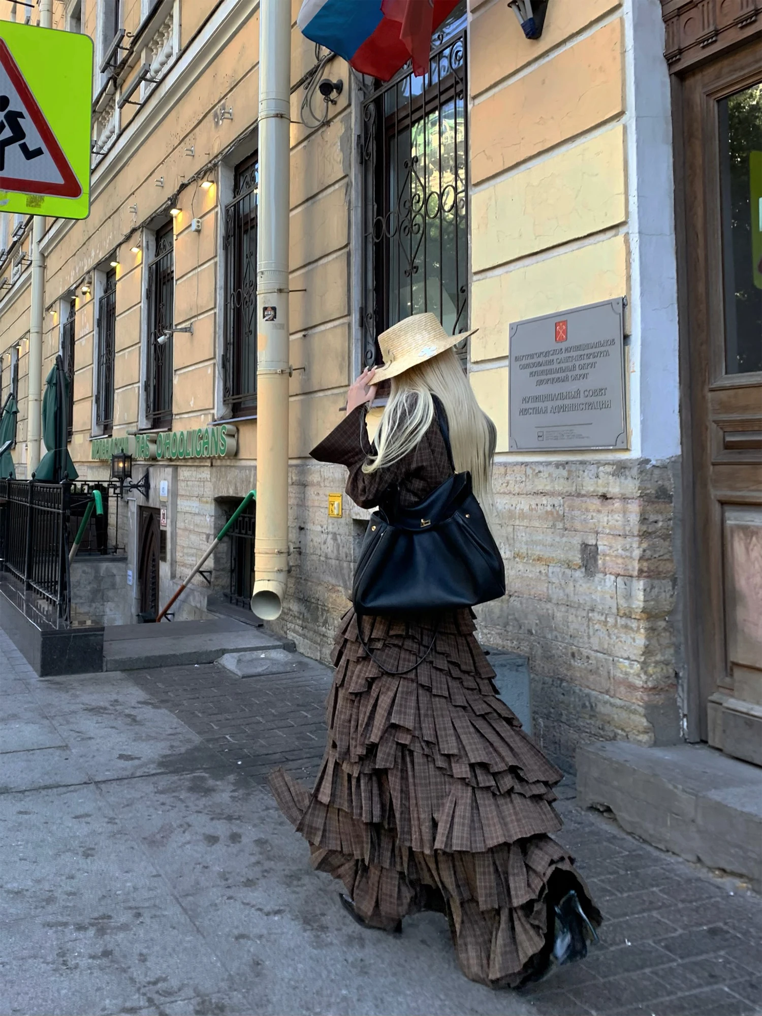 원래 갈색 격자 무늬 짧은 긴 소매 블라우스와 긴 케이크 스커트 2pcs 세트 여성 한국어 하이 스트리트 멋진 여자 봄 세트