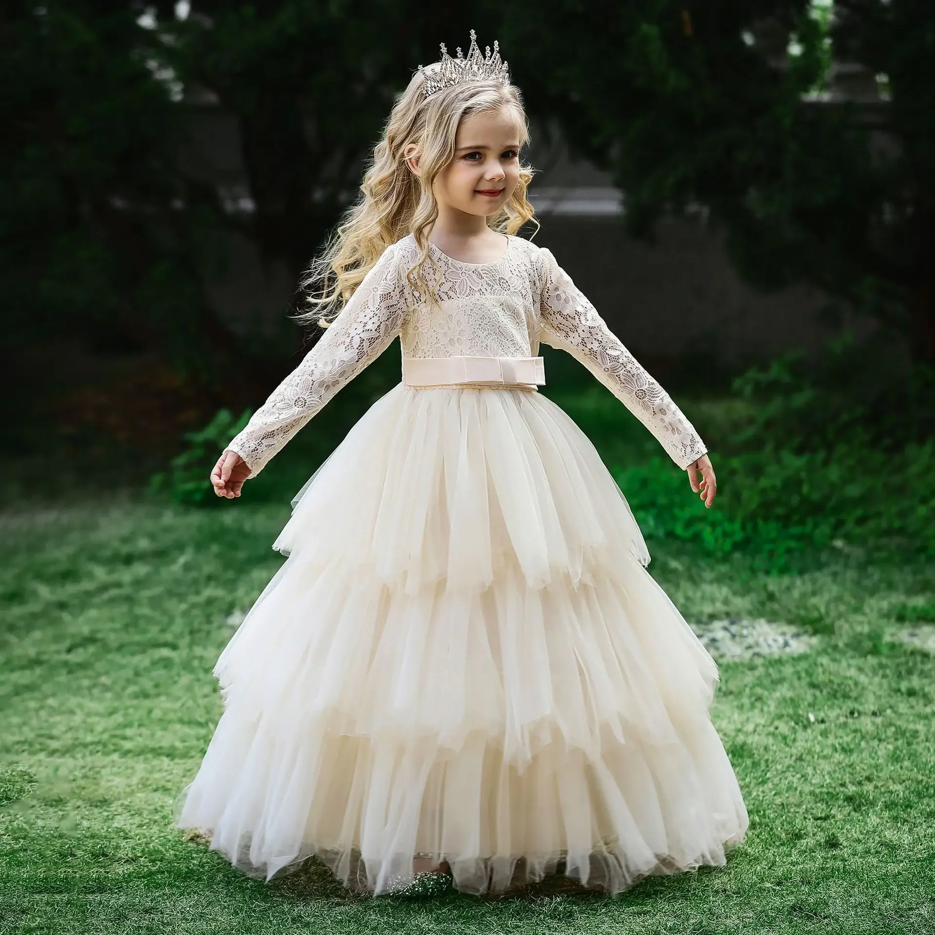 Long Sleeve White Pink Bridesmaid Dress For Girls Kids Princess Evening Dresses Children Girl Wedding Party Costume Clothes Lace