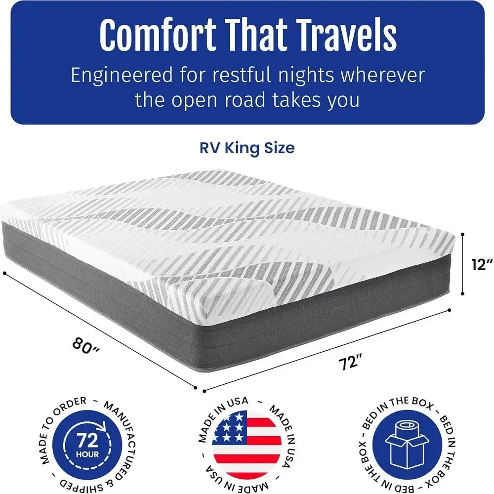 12 Hybrid RV Mattress, King Size 72x80, Gel Memory Foam & Pocketed Coil, Ideal for RV, Camper, Travel Trailer, Made in USA