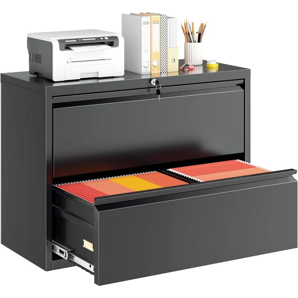 

Lateral File Cabinet 2 Drawer, Black File Cabinet with Lock, Lockable Metal Filing Cabinet for Home Office, 2 Drawer File Cabine