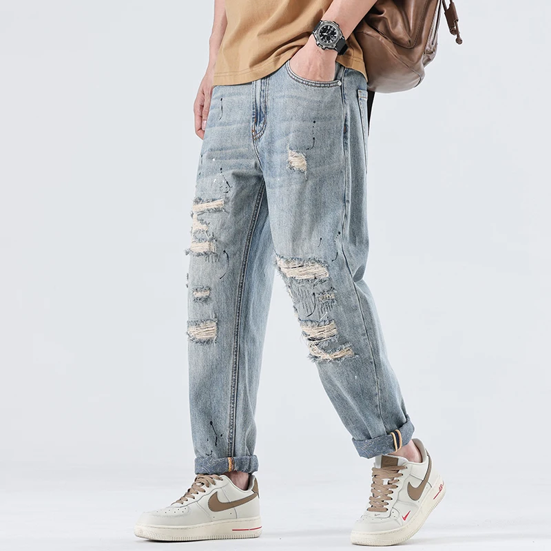 

5K1070 Высококачественные новые мужские джинсы с рваными дырками и плоскими чернилами, свободные конические прямые мужские джинсы с рваными нашивками
