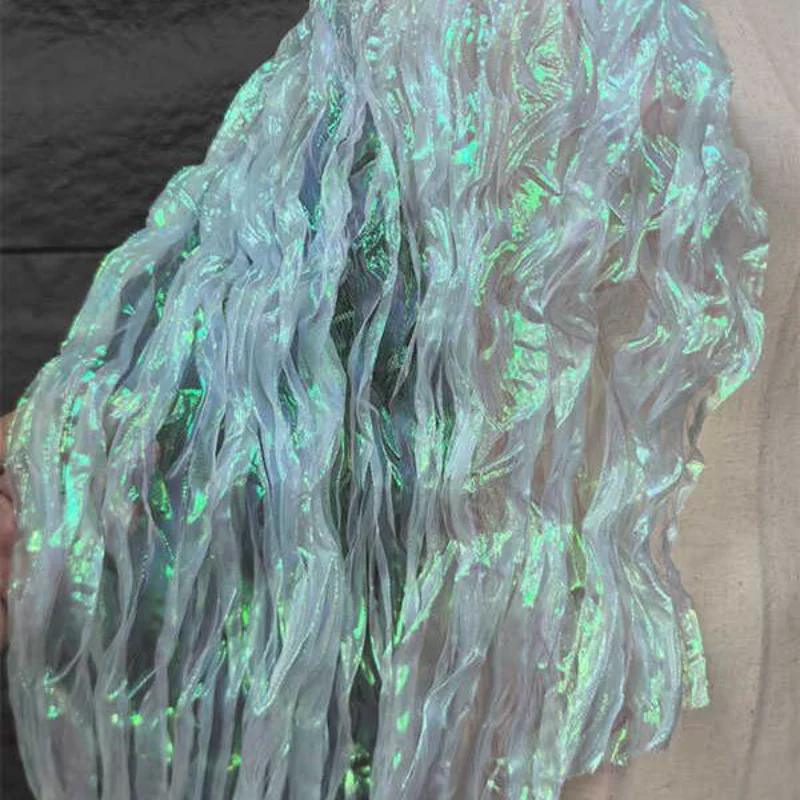 Wave Wrinkled Organza Fabric Gradient By The Meter for Decorative DIY Clothing Designer Sewing Laser Mermaid Texture Cloth White