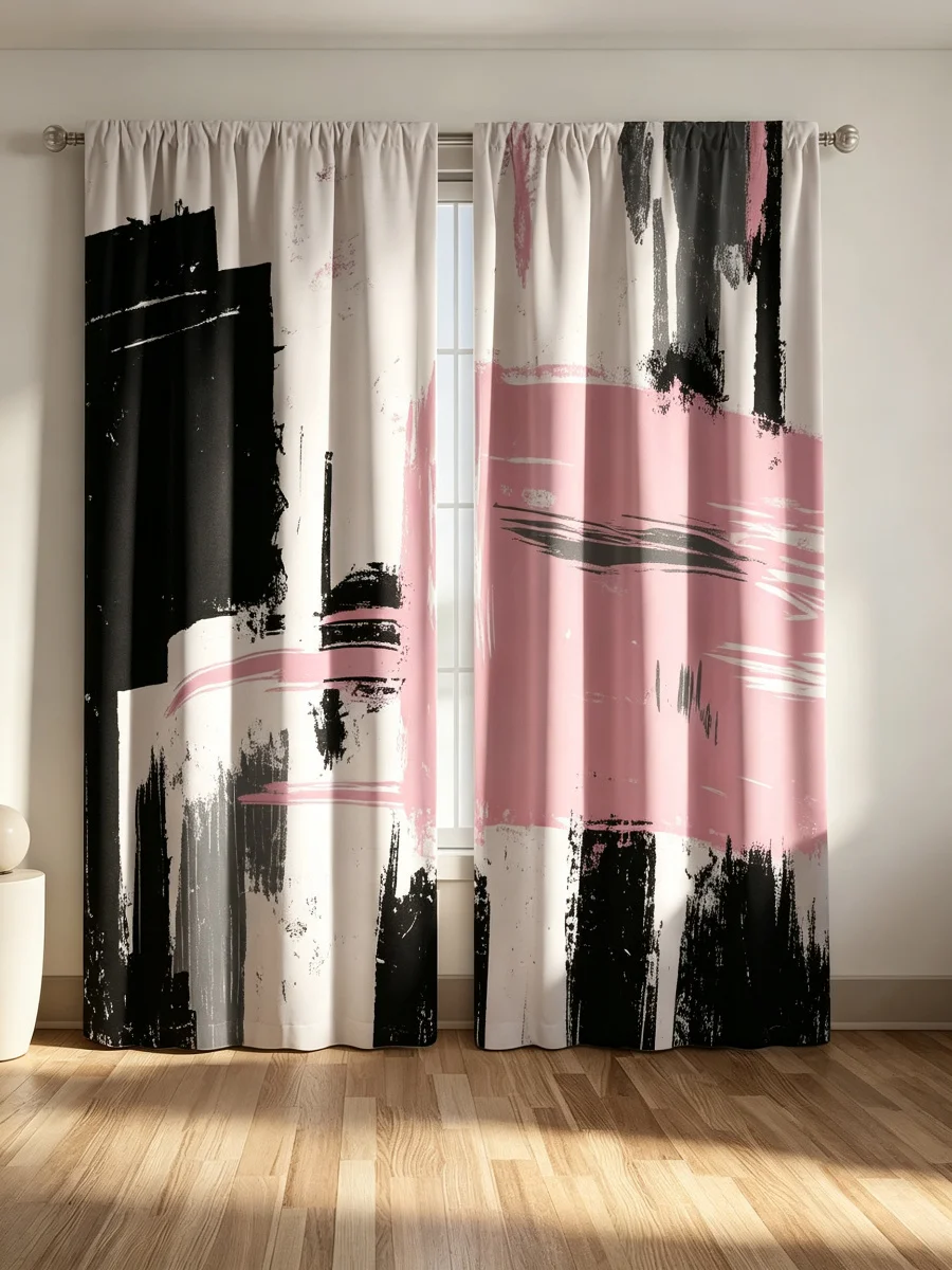 2PCS Digital Print Curtains, Abstract Black Pink Brush Stroke, Modern Art Rod Pocket Drapes for Bedroom Living Room Decor