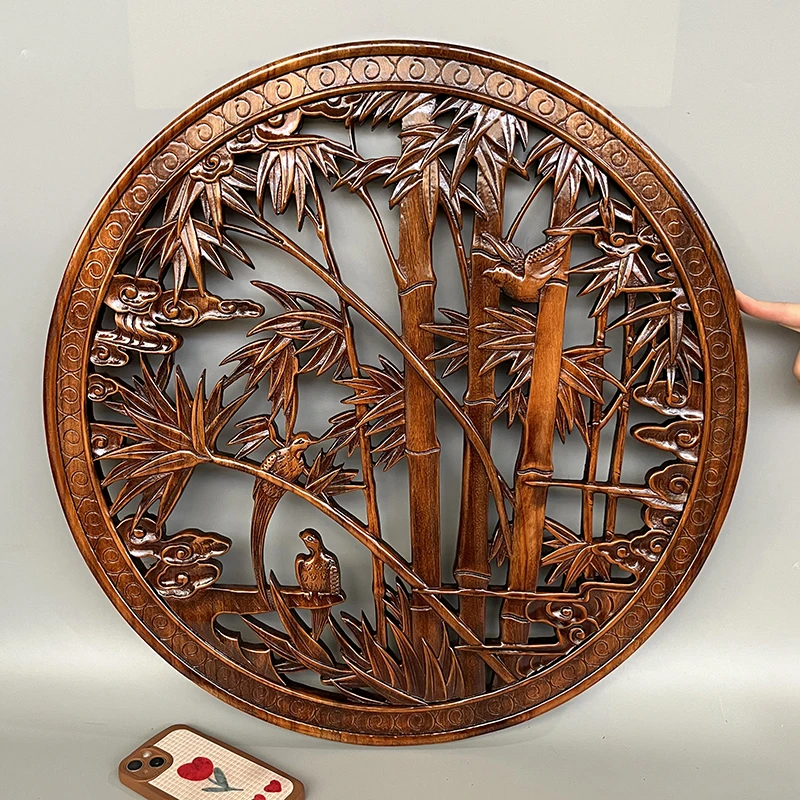 Dongyang wood carving pendant camphor wood round solid wood hollow carving Chinese antique living room entrance background wall