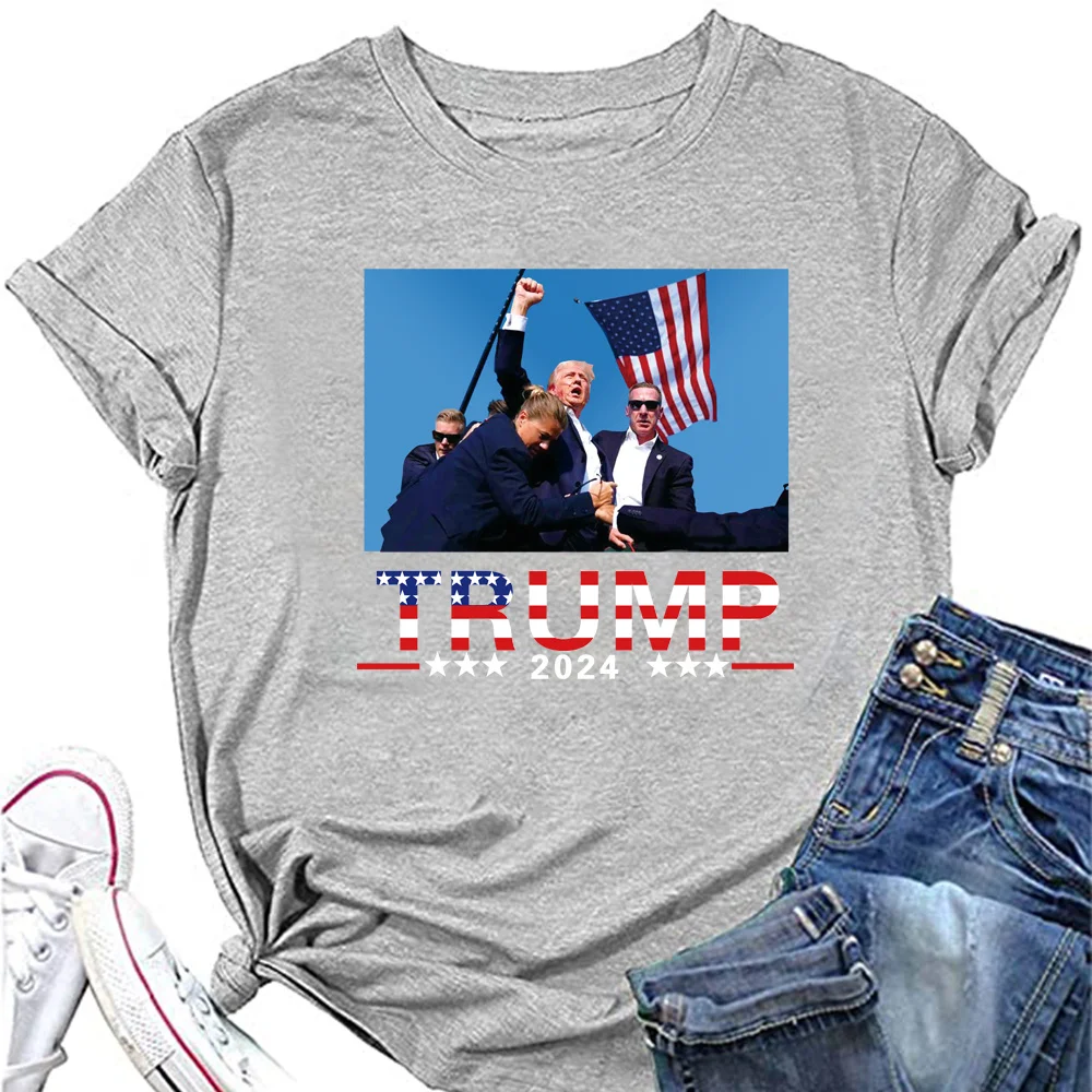 Donald Trump 2024 Fight Tshirts Women Survived Shot At Election Rally T-shirt Summer Short Sleeve Trump Assassinated Shirts Tops